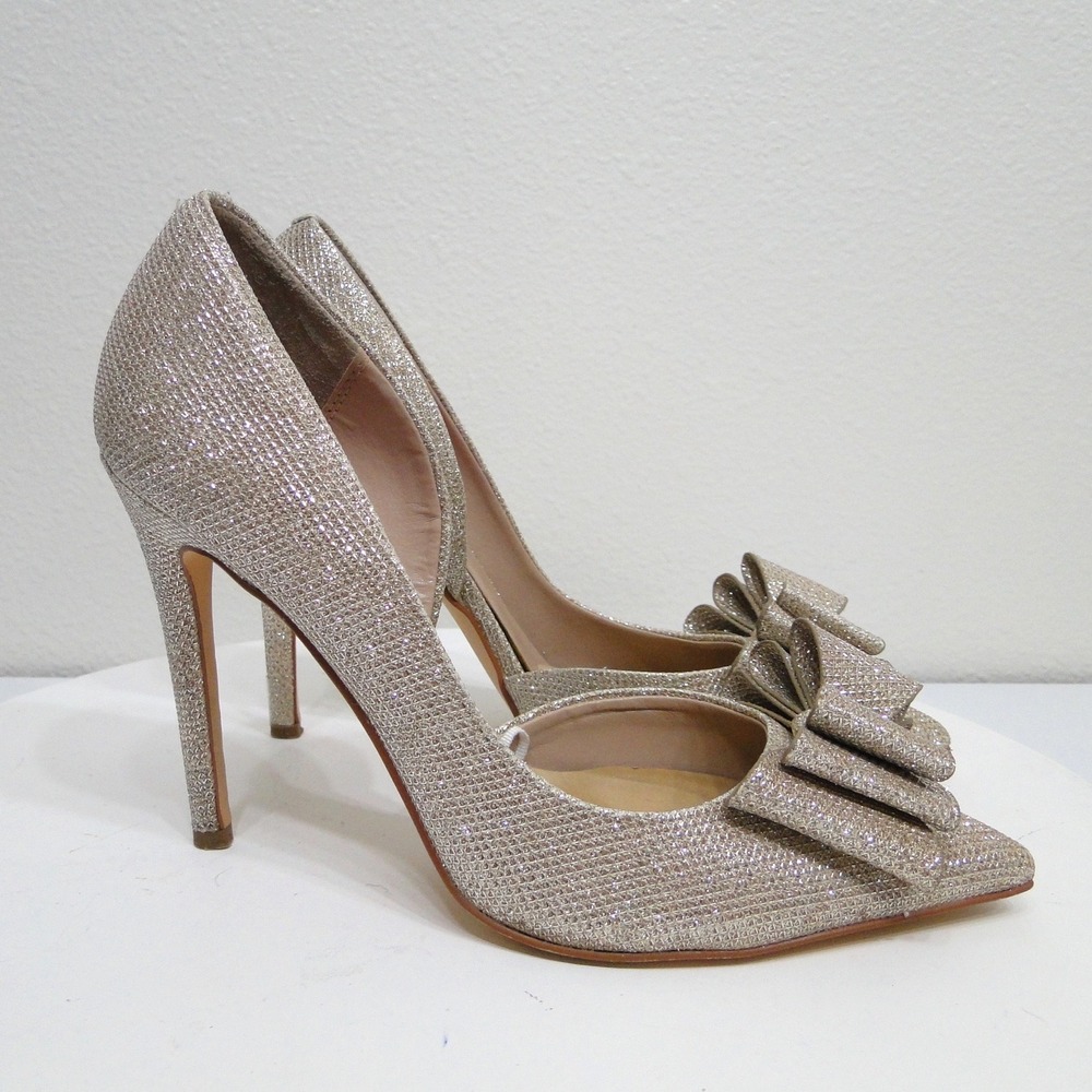 Betsey Johnson Parisss Champagne Gold Glitter Bow Pointed Toe Pumps 8.5 - Picture 4 of 12